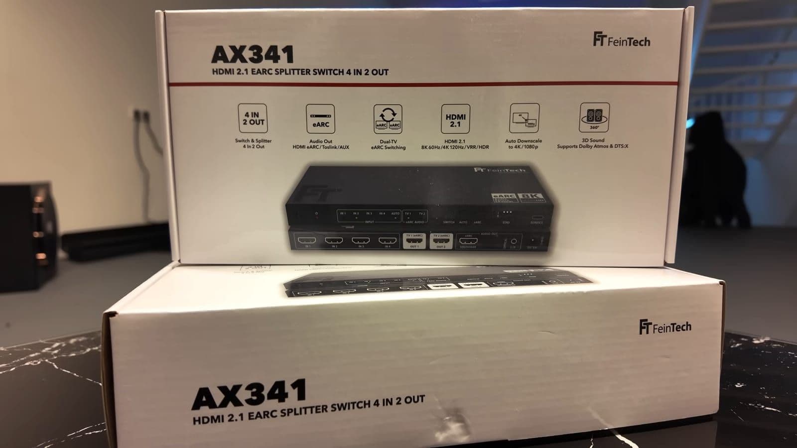 Packaging box front showing AX341 specifications and diagram overview