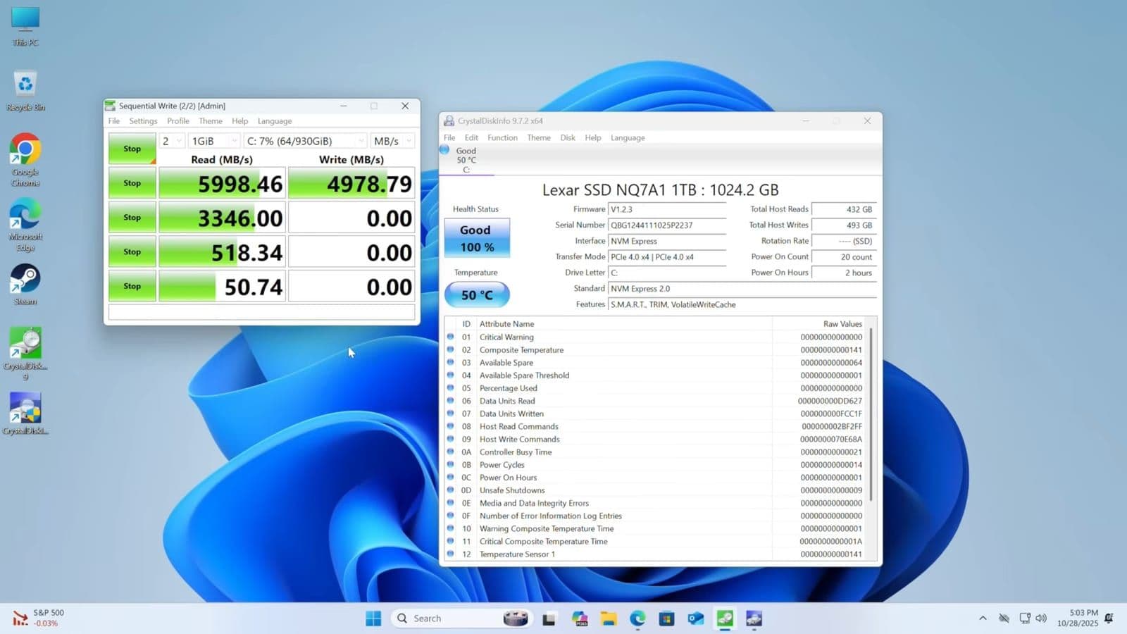 CrystalDiskMark test screen showing Lexar NVMe SSD sequential read and write speeds