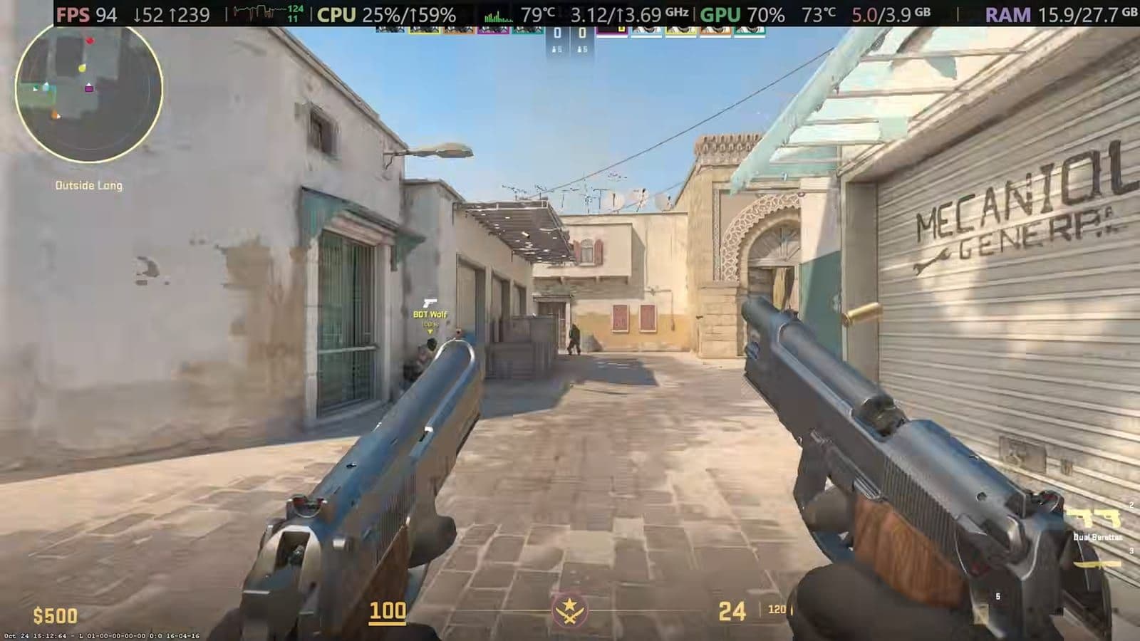 Counter-Strike 2 running on the GEEKOM A6 with hardware metrics visible on screen