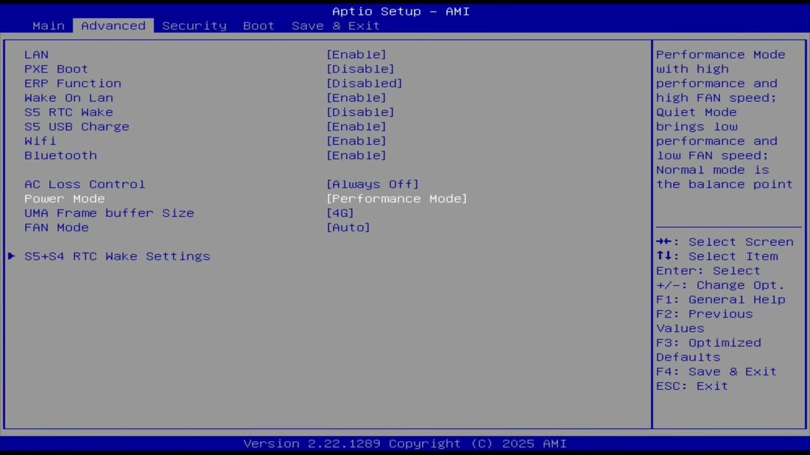 Aptio BIOS setup screen displaying power mode settings and UMA buffer options