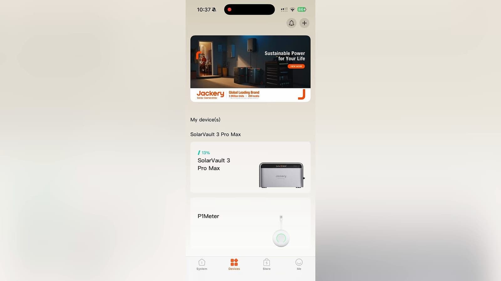 Jackery smartphone app interface met realtime energiestromen