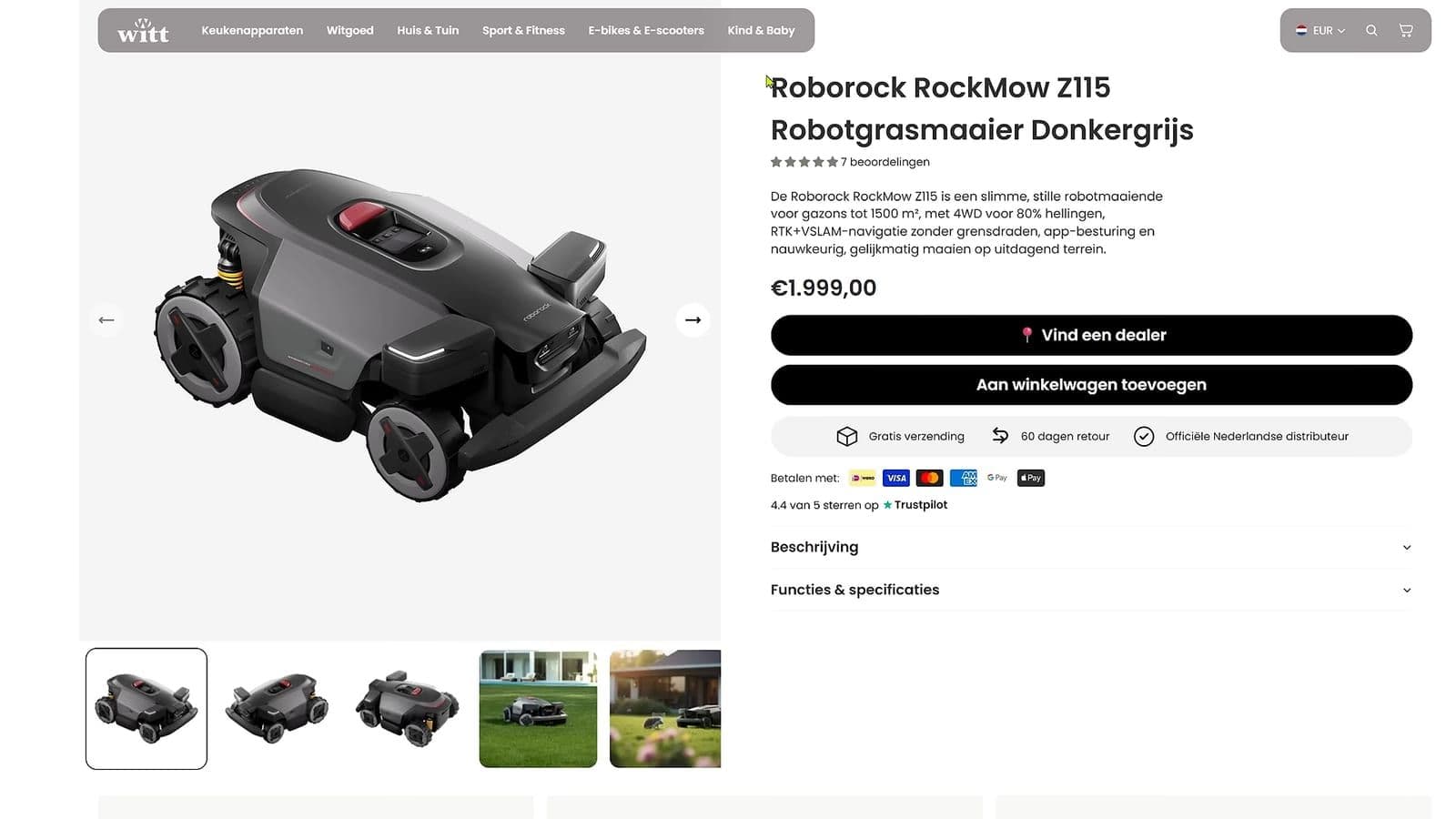 Webshoppagina met de RockMow Z115 voor 1999 euro