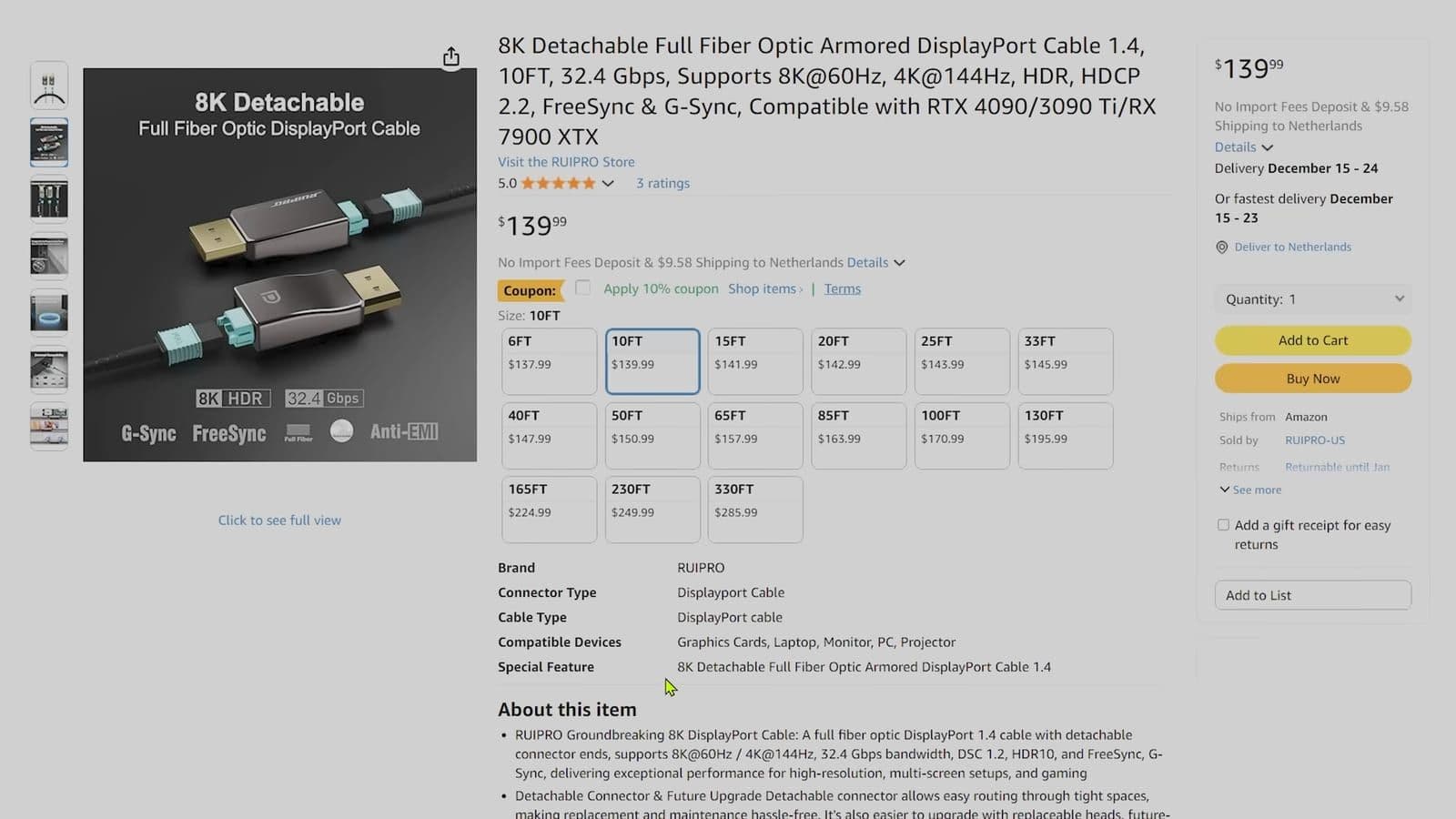 Amazon pricing listing for multiple lengths of the RUIPRO cable