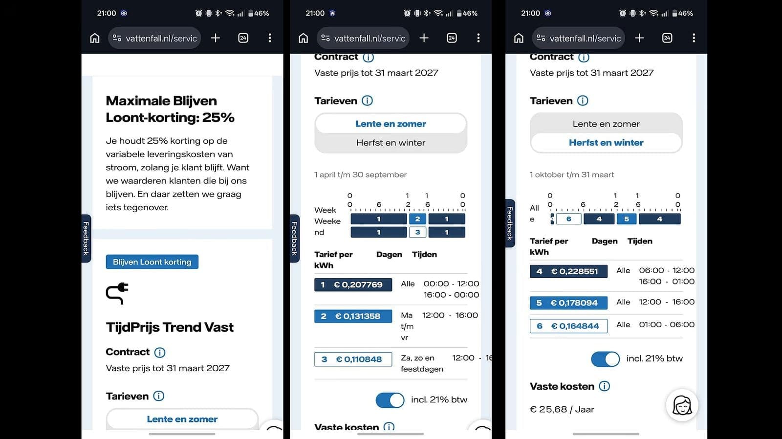 Drie schermen van de Vattenfall-app met tariefblokken voor zomer en winter