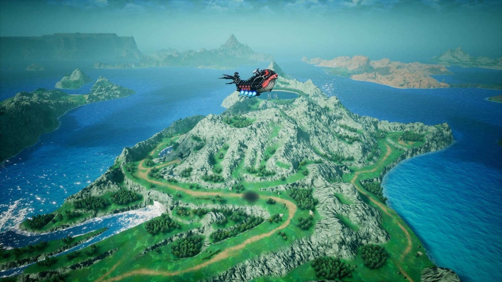 Luchtschip dat over een bergachtig landschap vliegt