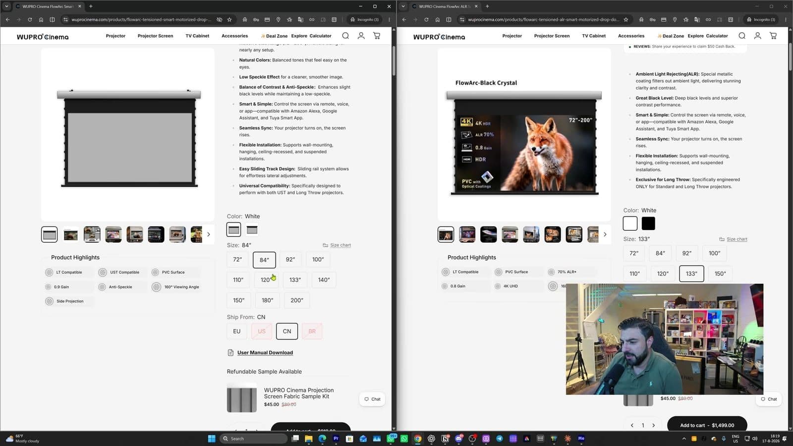 Two browser windows showing the WUPRO Soft Matte Grey and Black Crystal product pages with size options and a $1,499 add to cart button