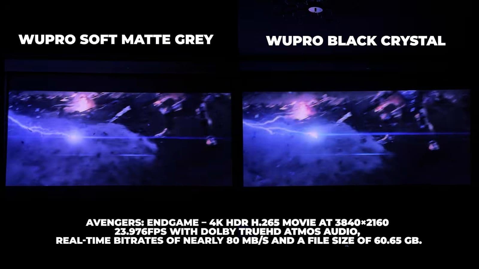 Side-by-side view of an Avengers: Endgame battle scene projected on the WUPRO Soft Matte Grey and WUPRO Black Crystal screens