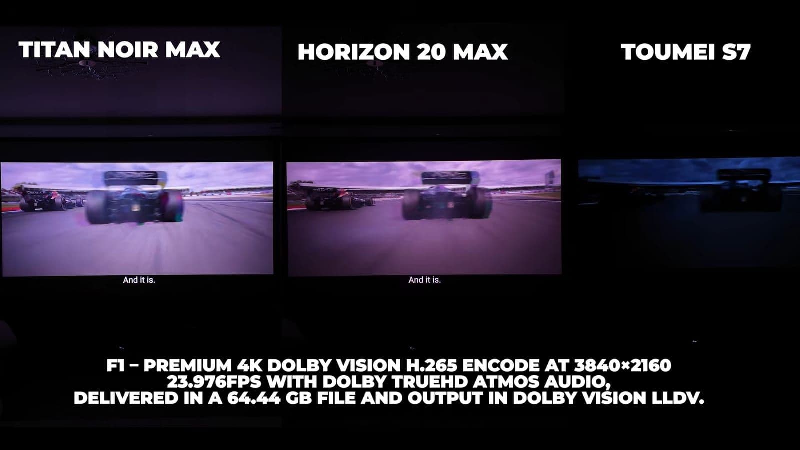 Three-way split screen of race cars driving down a track in the movie F1