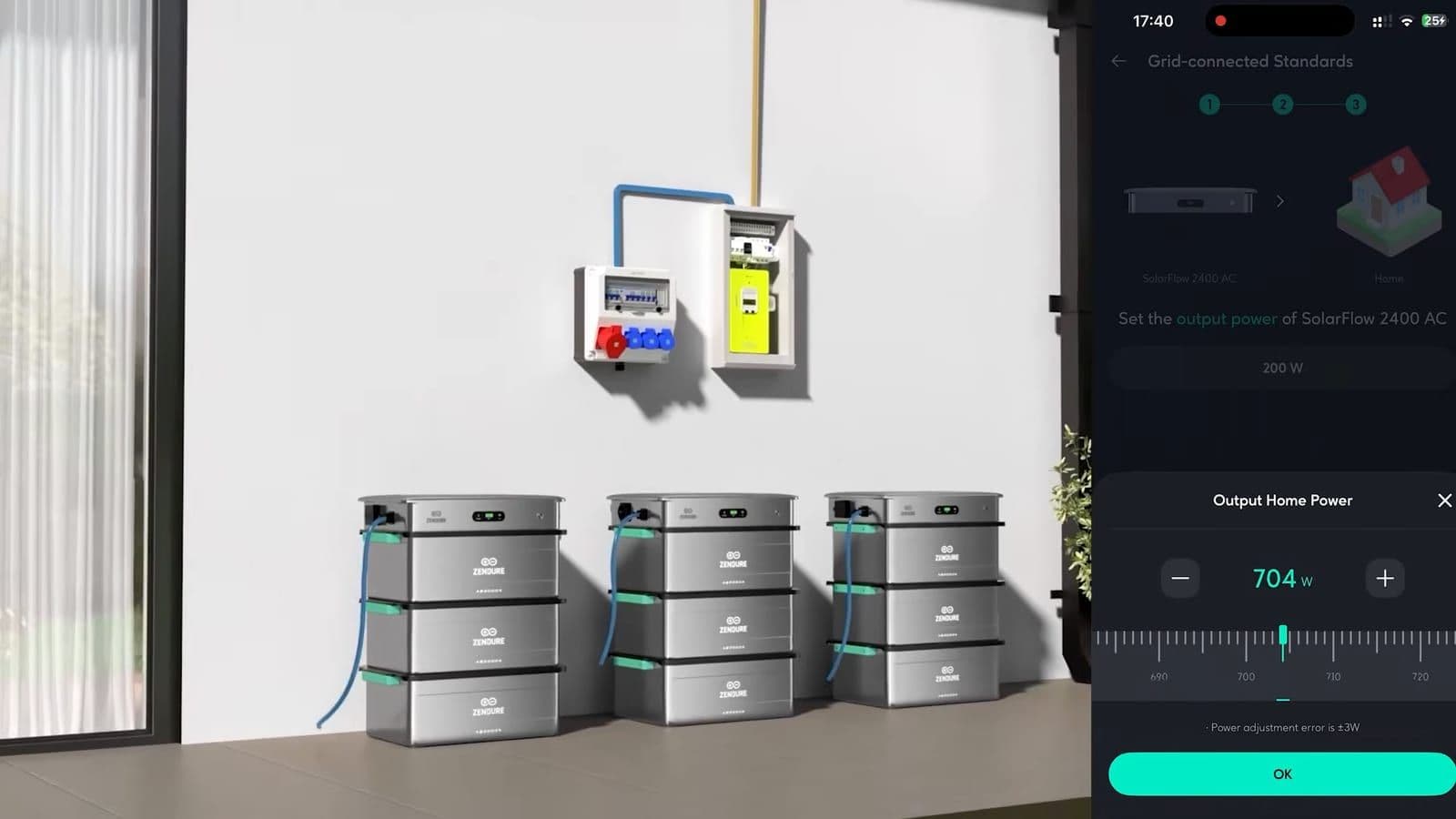 Zendure smartphone app met een 3D huisweergave en vermogensschuif